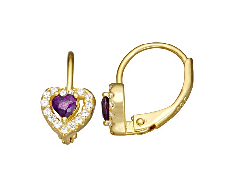 Purple And White Cubic Zirconia 14k Yellow Gold Over Silver Children's Heart Earrings 0.63ctw