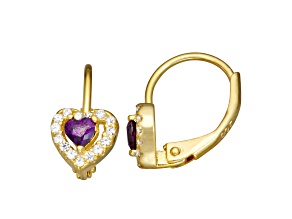 Purple And White Cubic Zirconia 14k Yellow Gold Over Silver Children's Heart Earrings 0.63ctw