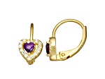 Purple And White Cubic Zirconia 14k Yellow Gold Over Silver Children's Heart Earrings 0.63ctw