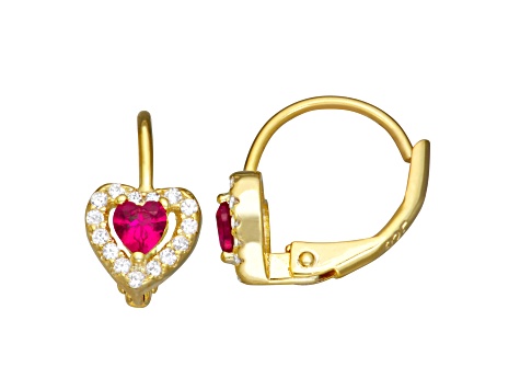 Red And White Cubic Zirconia 14k Yellow Gold Over Sterling Silver Children's Heart Earrings 0.63ctw