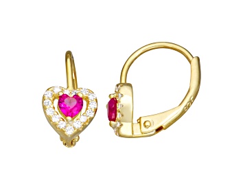 Picture of Lab Ruby And White Cubic Zirconia 14k Yellow Gold Over Silver Children's Heart Earrings 0.63ctw