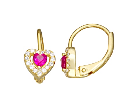 Lab Ruby And White Cubic Zirconia 14k Yellow Gold Over Silver Children's Heart Earrings 0.63ctw