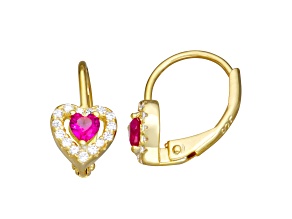 Lab Ruby And White Cubic Zirconia 14k Yellow Gold Over Silver Children's Heart Earrings 0.63ctw