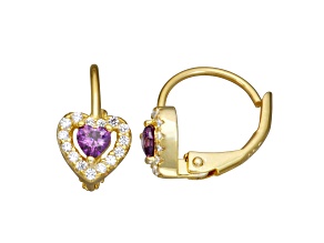 Lavender And White Cubic Zirconia 14k Yellow Gold Over Silver Children's Heart Earrings 0.63ctw