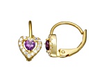 Lavender And White Cubic Zirconia 14k Yellow Gold Over Silver Children's Heart Earrings 0.63ctw