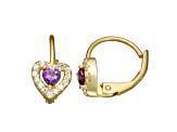 Lavender And White Cubic Zirconia 14k Yellow Gold Over Silver Children's Heart Earrings 0.63ctw