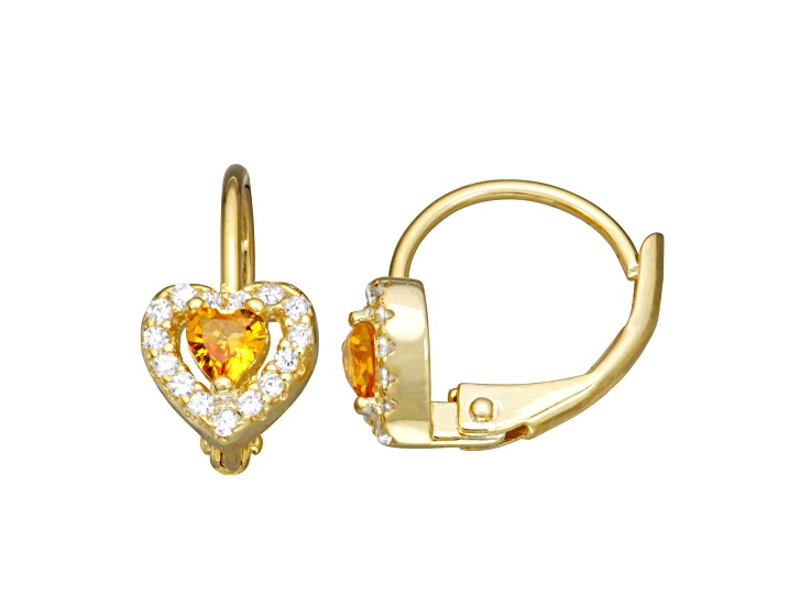 Yellow And White Cubic Zirconia14k Yellow Gold Over Silver Children's Heart Earrings 0.63ctw