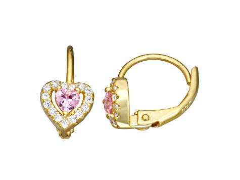 Pink And White Cubic Zirconia 14k Yellow Gold Over Sterling Silver Children's Heart Earrings 0.63ctw