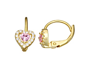 Pink And White Cubic Zirconia 14k Yellow Gold Over Sterling Silver Children's Heart Earrings 0.63ctw