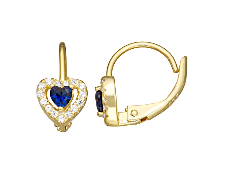 Blue Spinel And White Cubic Zirconia 14k Yellow Gold Over Silver Children's Heart Earrings 0.63ctw