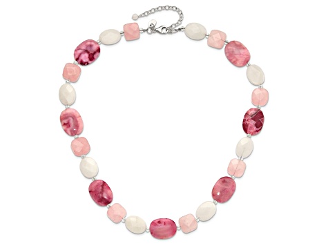 Sterling Silver Pink Agate, Quartz, Jadeite, Crystal with 2-inch Extension Necklace