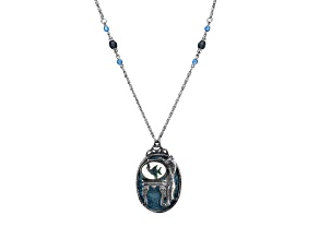 1928 Jewelry Pewter Cat with Blue Enamel Fishbowl Beaded Necklace