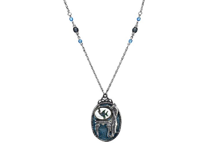 1928 Jewelry Pewter Cat with Blue Enamel Fishbowl Beaded Necklace