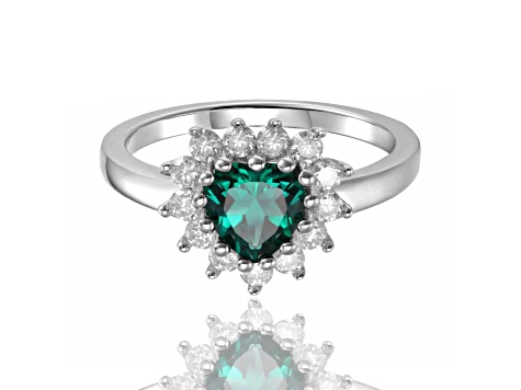 Heart Shape Lab Created Emerald with White Topaz Accents Sterling Silver Ring, 0.93ctw