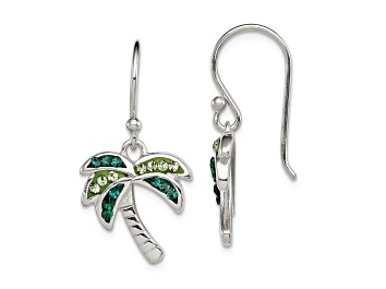 Picture of Rhodium Over Sterling Silver Polished Green Crystal Palm Tree Earrings