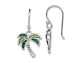 Rhodium Over Sterling Silver Polished Green Crystal Palm Tree Earrings