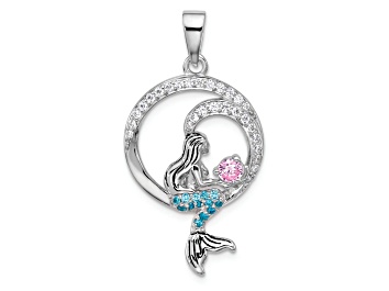 Picture of Rhodium Over Sterling Silver Polished and Antiqued Cubic Zirconia Mermaid Pendant