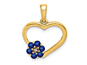 14k Yellow Gold Diamond and Blue Sapphire Heart with Flower Pendant