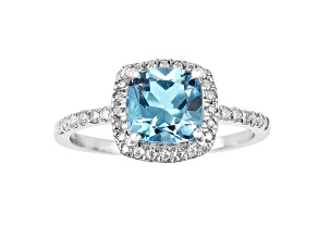 Cushion Swiss Blue Topaz with Moissanite Accents Rhodium Over Sterling Silver Halo Ring 1.75ctw