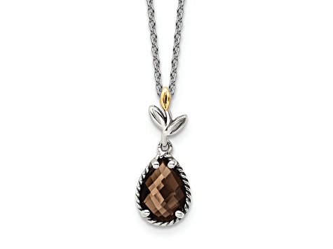 Sterling Silver Antiqued with 14K Accent Leaf Smoky Quartz with 2-inch ext Necklace