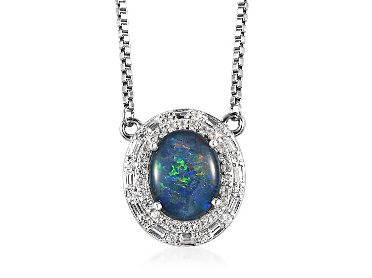 Sterling Silver Oval Boulder Opal Triplet and White Zircon Necklace 2.41ctw