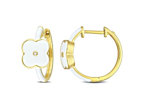 Created White Sapphire Floral White Enamel Earrings in 18k Yellow Gold Over Sterling Silver