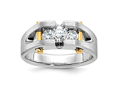 10K Two-tone Yellow and White Gold Men's Polished Satin and Cut-Out 3-Stone Diamond Ring 0.78ctw