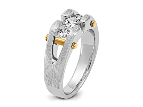 10K Two-tone Yellow and White Gold Men's Polished Satin and Cut-Out 3-Stone Diamond Ring 0.78ctw