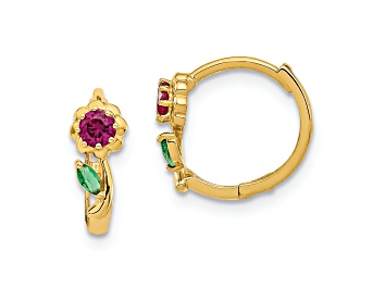 Picture of 14K Yellow Gold Red and Green Cubic Zirconia Hinged Hoop Earrings