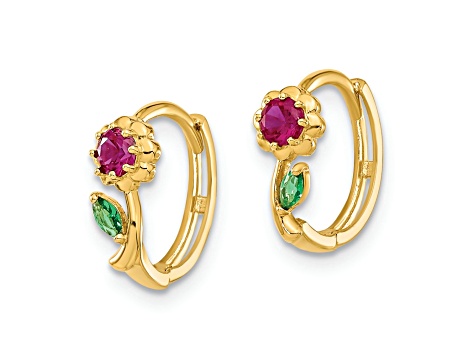 14K Yellow Gold Red and Green Cubic Zirconia Hinged Hoop Earrings