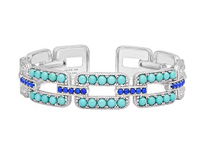 Judith Ripka Turquoise and Lapis Lazuli Rhodium Over Sterling Silver Open Link Cuff Bracelet