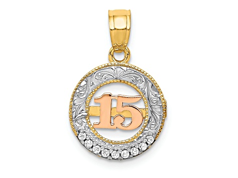 14k Yellow and Rose Gold with Rhodium over 14k Yellow Gold Textured Cubic Zirconia 15 Pendant
