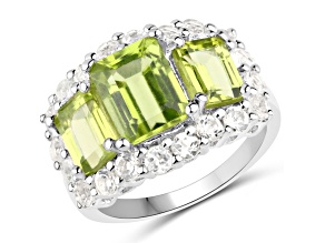 Green Peridot and White Topaz Rhodium Over Sterling Silver Ring 6ctw