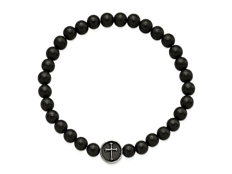 Stainless Steel Antiqued and Polished Black Agate Cross Stretch Bracelet