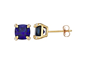Square Cushion Lab Created Sapphire 10K Yellow Gold Stud Earrings 2.14ctw