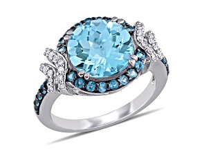4.80ctw London Blue and Sky Blue Topaz with.13ctw Diamond Halo Ring in Sterling Silver