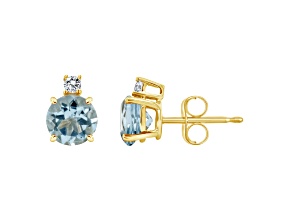 6mm Round Aquamarine with Diamond Accents 14k Yellow Gold Stud Earrings