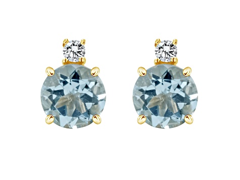 6mm Round Aquamarine with Diamond Accents 14k Yellow Gold Stud Earrings