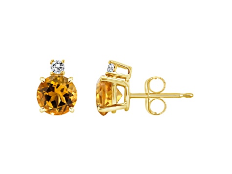 6mm Round Citrine with Diamond Accents 14k Yellow Gold Stud Earrings