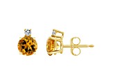 6mm Round Citrine with Diamond Accents 14k Yellow Gold Stud Earrings