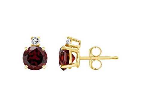 6mm Round Garnet with Diamond Accents 14k Yellow Gold Stud Earrings