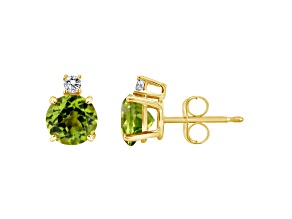 6mm Round Peridot with Diamond Accents 14k Yellow Gold Stud Earrings