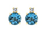 6mm Round Blue Topaz with Diamond Accents 14k Yellow Gold Stud Earrings