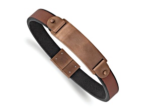 Stainless Steel Brushed Brown Ion Plated Brown Leather 8.5-inch ID Bracelet