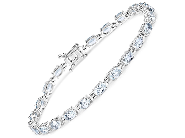 Blue Aquamarine Rhodium Over Sterling Silver Oval Tennis Bracelet 8.8ctw