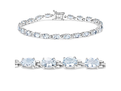 Blue Aquamarine Rhodium Over Sterling Silver Oval Tennis Bracelet 8.8ctw