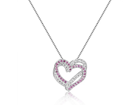 Round Pink Sapphire and White Sapphire Sterling Silver Heart Pendant With Chain