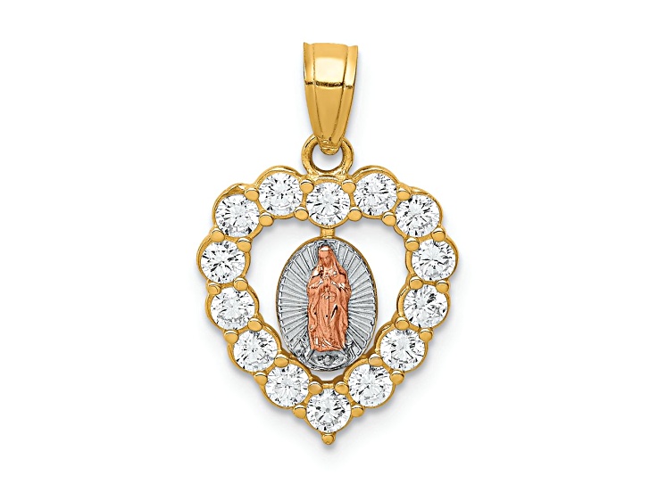 10k Two-tone and Rhodium Over 10k Yellow Gold Cubic Zirconia Guadalupe Heart Pendant