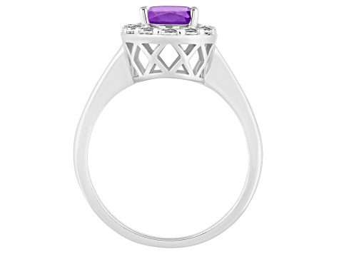 8x6mm Oval Amethyst And White Topaz Accents Rhodium Over Sterling Silver Halo Ring