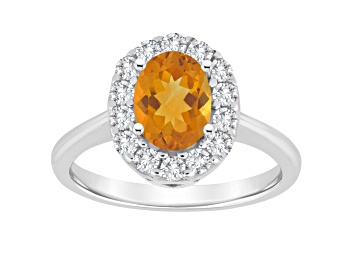 Picture of 8x6mm Oval Citrine And White Topaz Accents Rhodium Over Sterling Silver Halo Ring